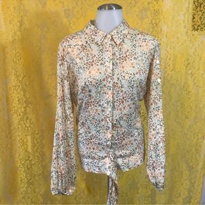 LC XL Ivory Brown Green Gold Metallic Ditsy Floral Long Sleeve Button Front Tie